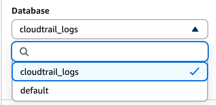 The Athena database selector with the cloudtrail_logs database chosen